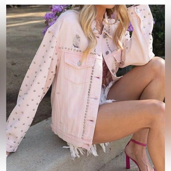 POL Jackets & Blazers - POL DISTRESSED AND STUDDED JEAN JACKET IN PINK